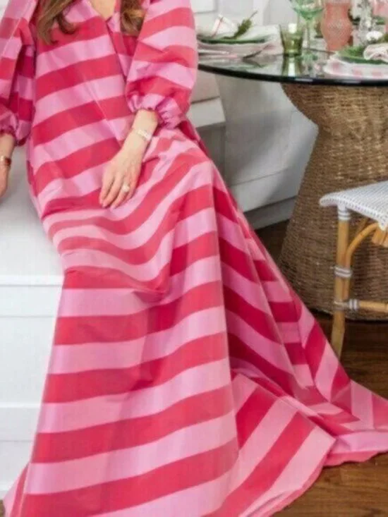 Pink Red Casual Women's V-Neck Striped Maxi Dress - Picture 7 of 7